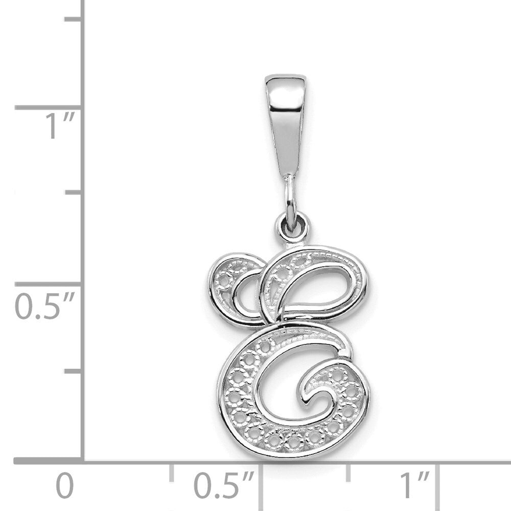 14k White Gold Solid Polished Script Filigree Letter E Initial Pendant for Women