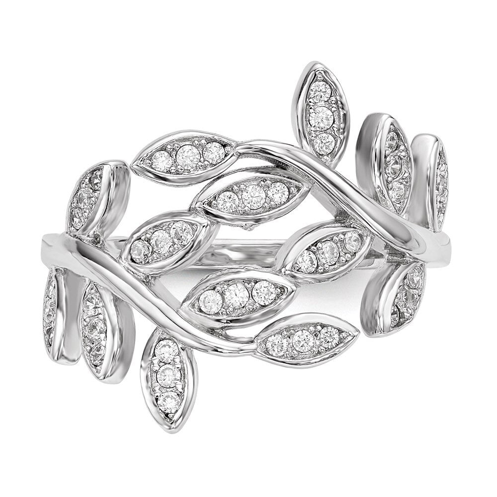 Sterling Silver Rhodium-plated Leaf Cubic Zirconia Ring Size 8