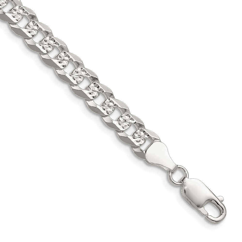 Sterling Silver 6.75mm Flat Diamond-Cut Pave Curb Chain Necklace