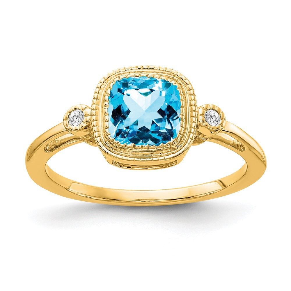 14K Yellow Gold Cushion Blue Topaz and Diamond Ring Size 7