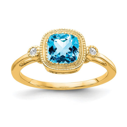 14K Yellow Gold Cushion Blue Topaz and Diamond Ring Size 7