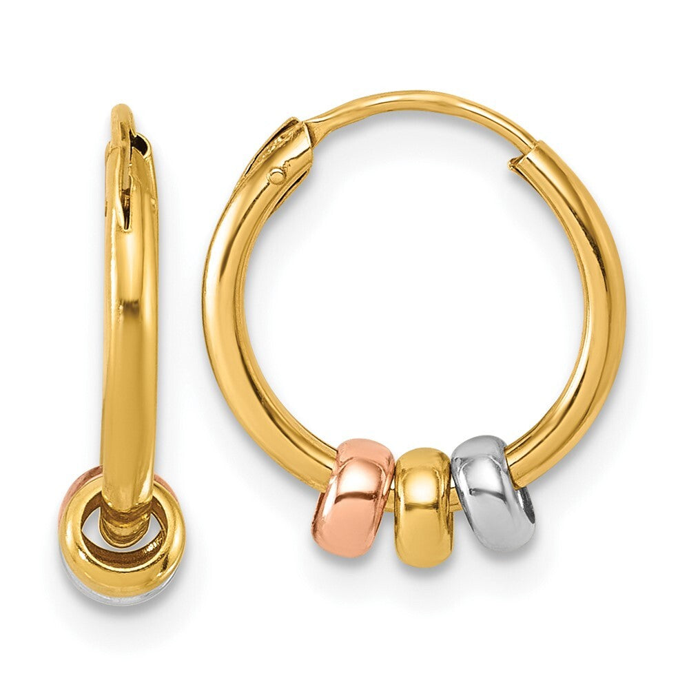 14k Yellow Gold with Rose-tone and Rhodium Polished 3-Bead Endless Hoop Earrings