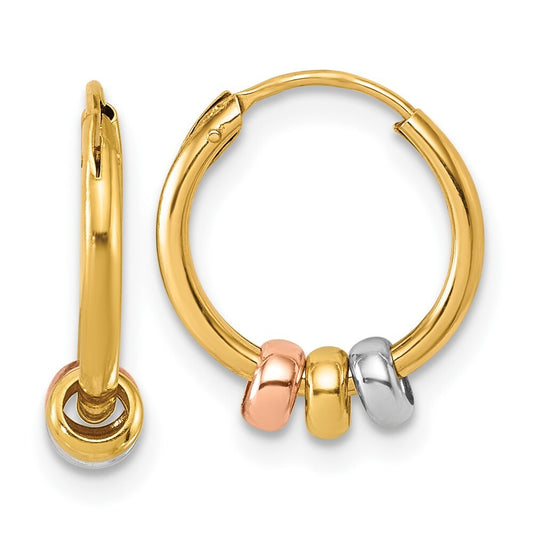 14k Yellow Gold with Rose-tone and Rhodium Polished 3-Bead Endless Hoop Earrings