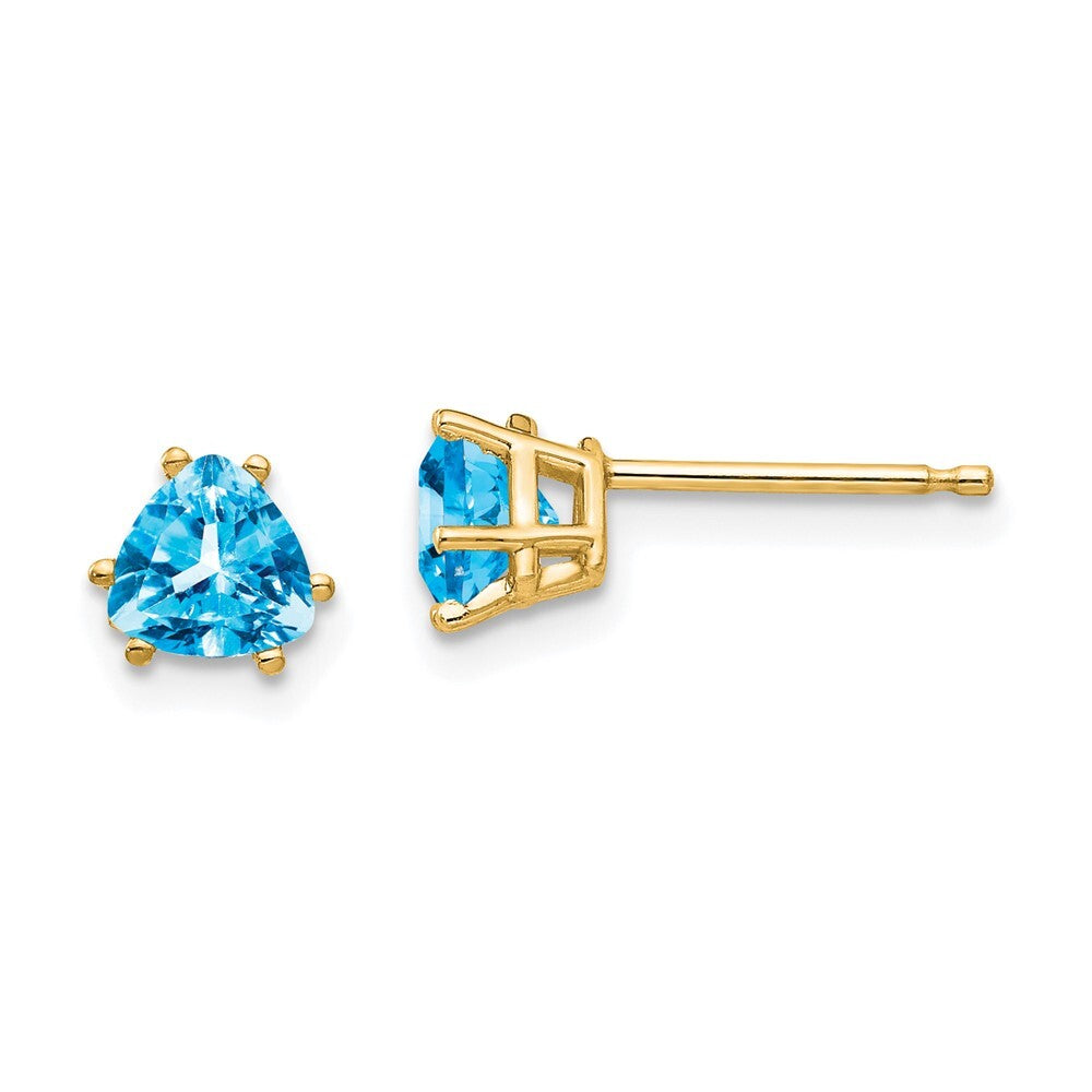 14k Yellow Gold 5mm Trillion Blue Topaz Stud Earrings