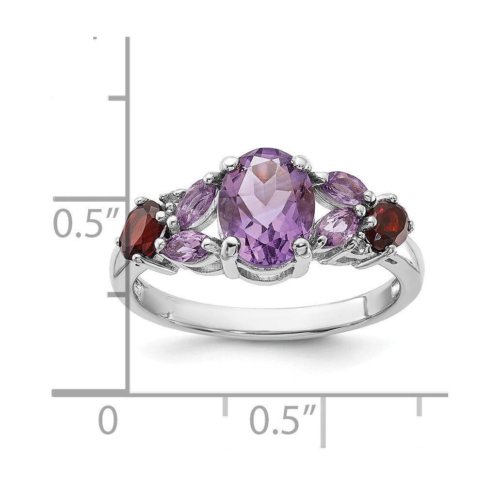 Sterling Silver Rh-plated Amethyst Pk Quartz Garnet and White Topaz Ring Size 6
