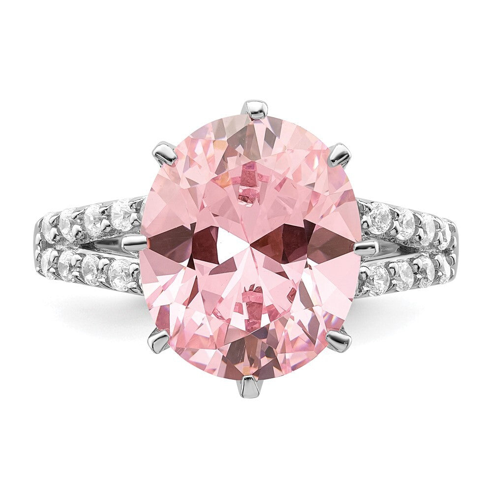 Sterling Silver Rhodium-plated 12x10 Oval Pink & White Cubic Zirconia Ring SZ 6