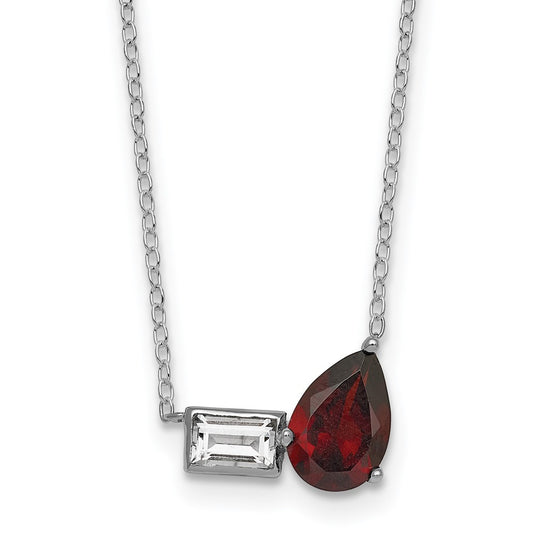 Sterling Silver Pear Garnet and Emerald-cut White Topaz Necklace 16" w/ 2" Ext