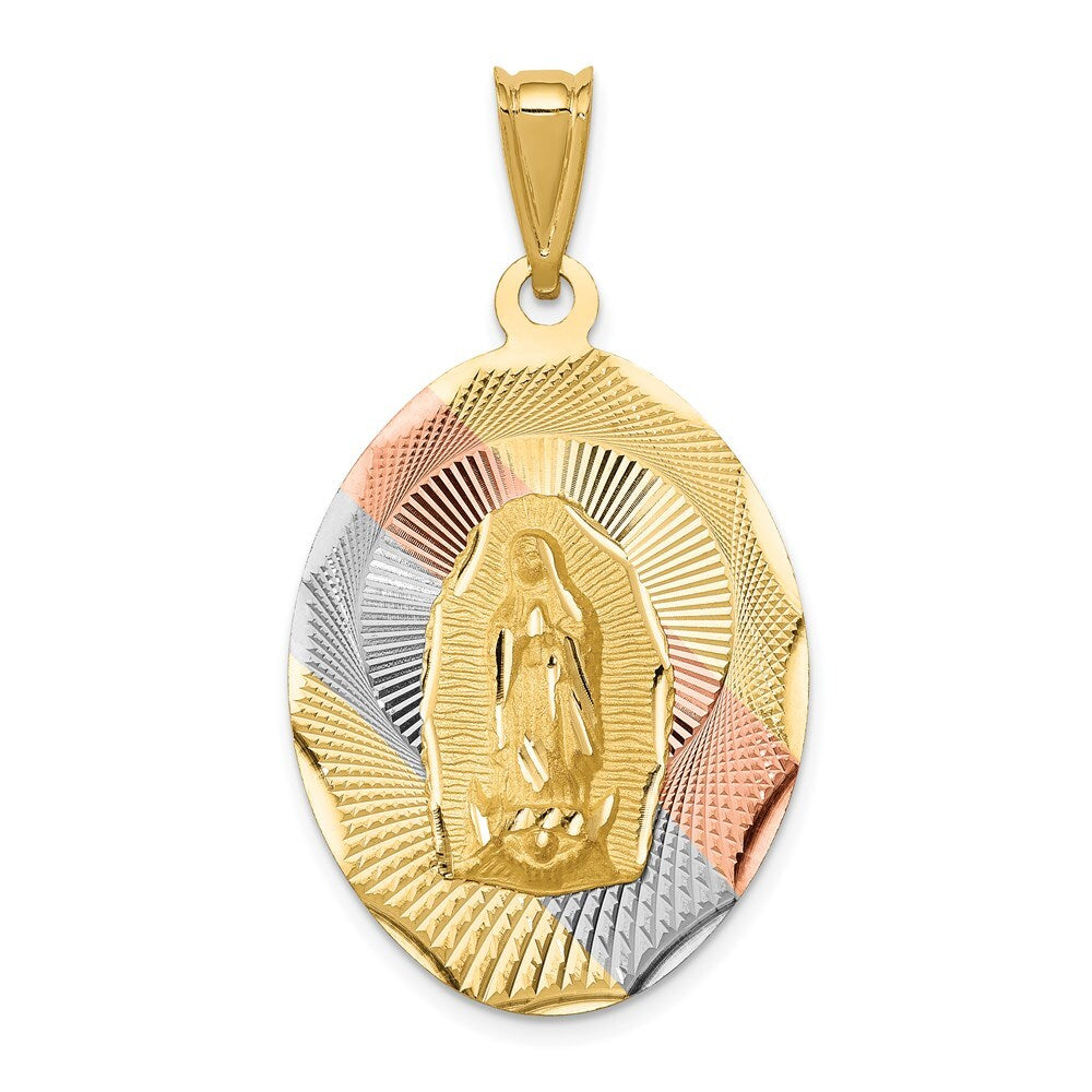 14k Yellow Gold Rhodium Diamond-Cut Lady Of Guadalupe Oval Pendant for Women