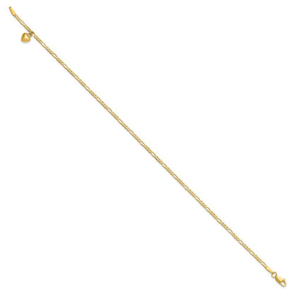 14k Yellow Gold Figaro Link Chain with Dangling Puffed Heart 10 inch Anklet