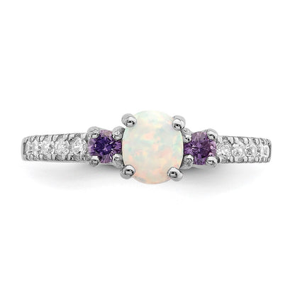 Sterling Silver Rhodium-plated Lab Created Opal/Cubic Zirconia Ring Size 6
