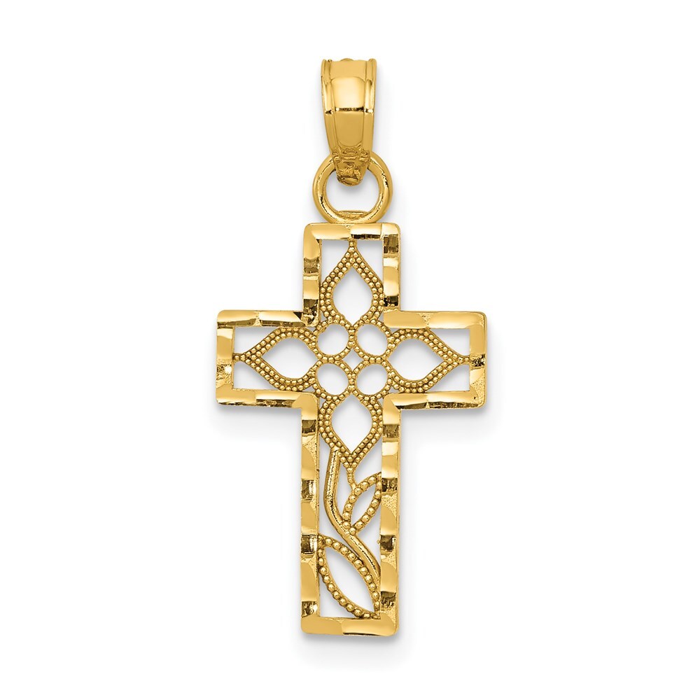 14k Yellow Gold Diamond-cut Filigree Cross Pendant for Women