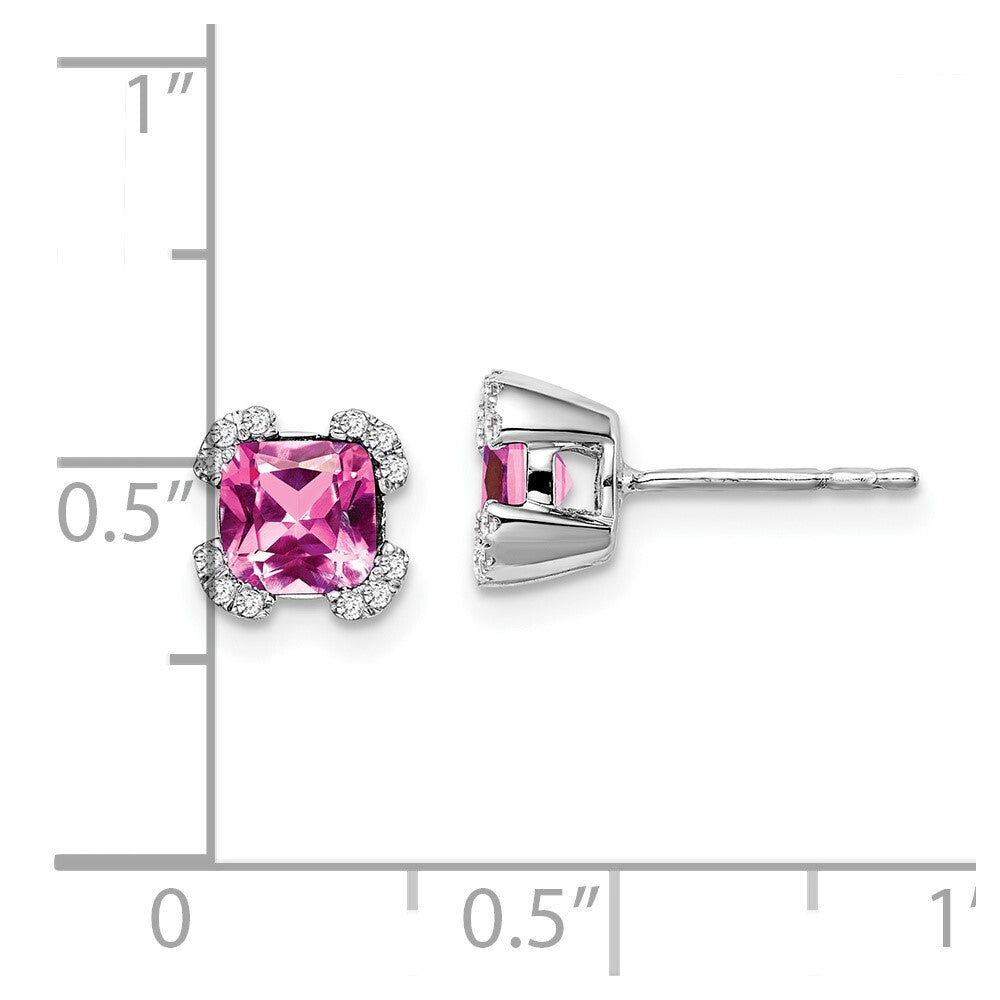 14k White Gold Cushion Created Pink Sapphire and Diamond Stud Earrings