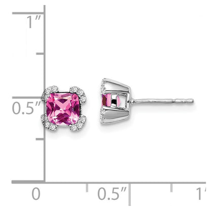 14k White Gold Cushion Created Pink Sapphire and Diamond Stud Earrings