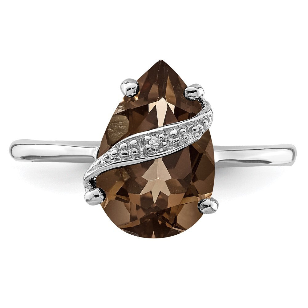 Sterling Silver Rhodium Pear Smoky Quartz & Diamond Ring Size 7