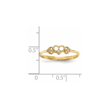 14K Yellow Gold CZ 3-Hearts Ring Size 7