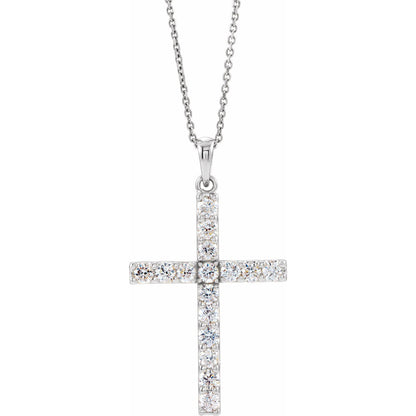 14k White Gold 1 CTW Lab-Grown Diamond Cross Pendant 18" Necklace