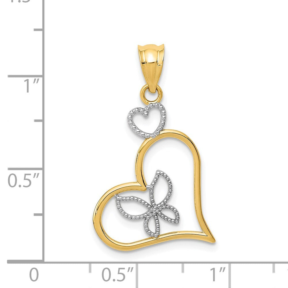 14k Yellow Gold and White Rhodium Butterfly in Heart Pendant