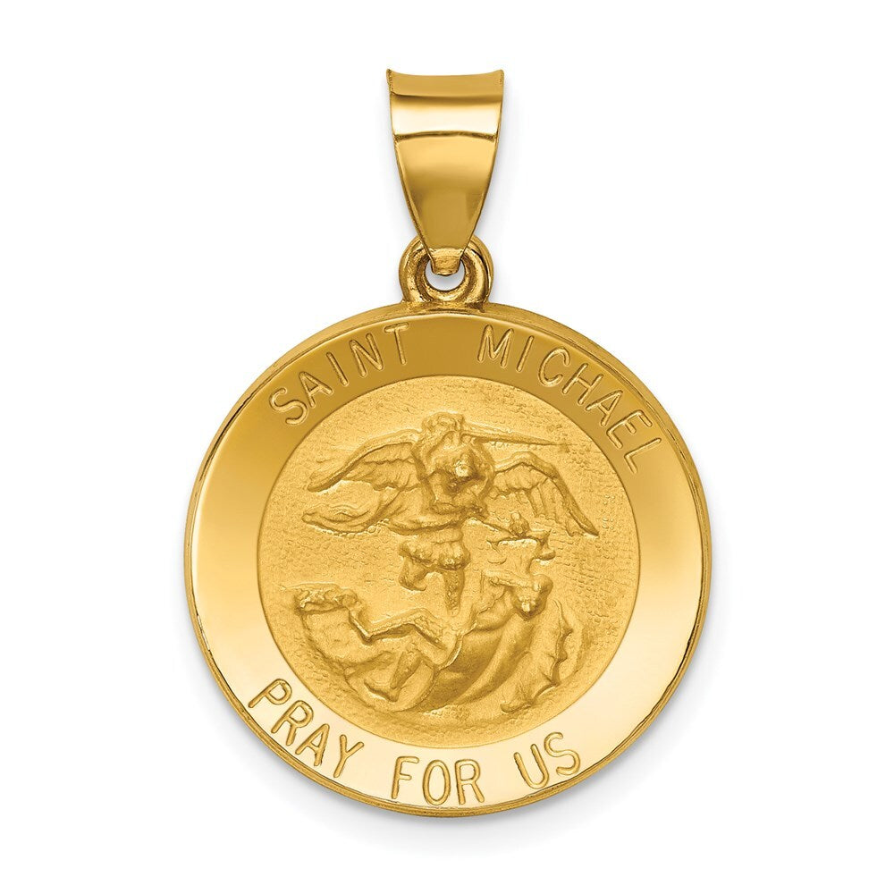 14k Yellow Gold Polished and Satin St Michael Medal Hollow Pendant for Women