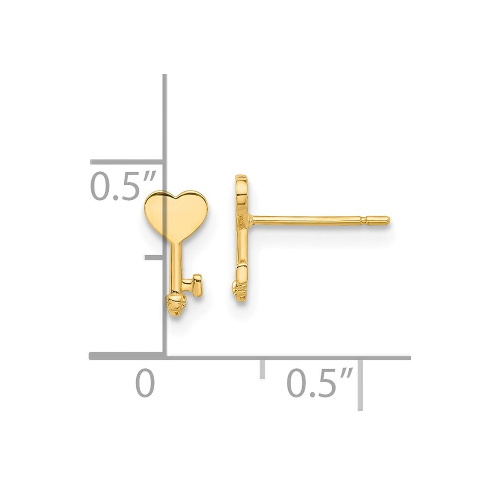 14k Yellow Gold Polished Heart Key Stud Earrings Gift for Women