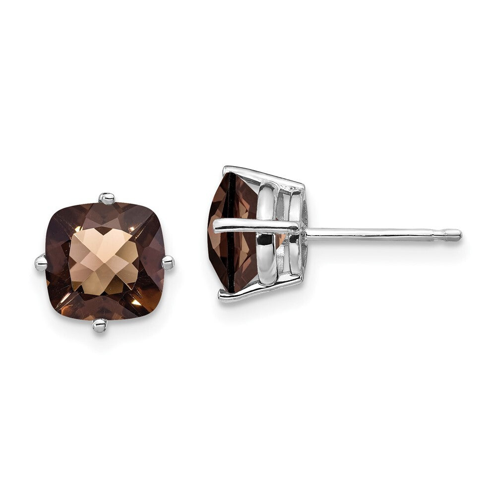 14k White Gold 7mm Cushion Checker-Cut Smoky Quartz Earrings Gift for Women
