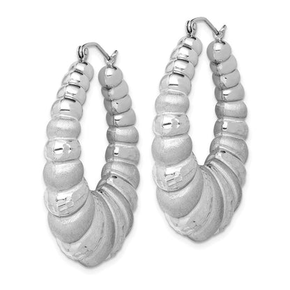 Sterling Silver Rhodium-plated Satin & Diamond-cut Shrimp Oval Hoop Earrings