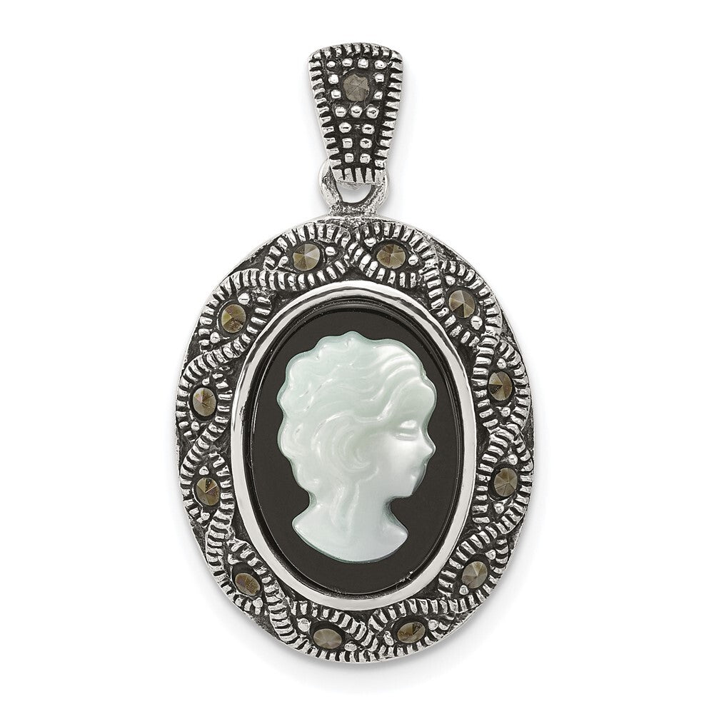 Sterling Silver Antiqued Marcasite Black Agate and MOP Cameo Pendant