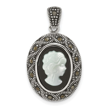 Sterling Silver Antiqued Marcasite Black Agate and MOP Cameo Pendant