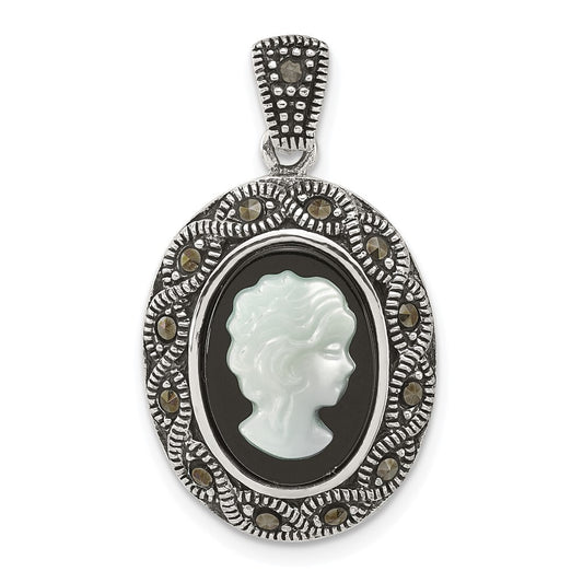 Sterling Silver Antiqued Marcasite Black Agate and MOP Cameo Pendant