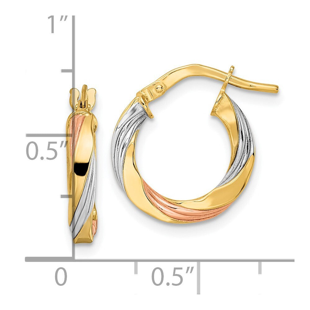 14k Yellow Gold Rose & White Rhodium Polished Twisted Hoop Earrings