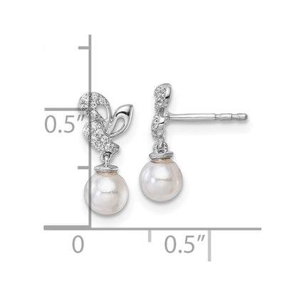 14K White Gold Polished Diamond and Pearl Dangle Earrings