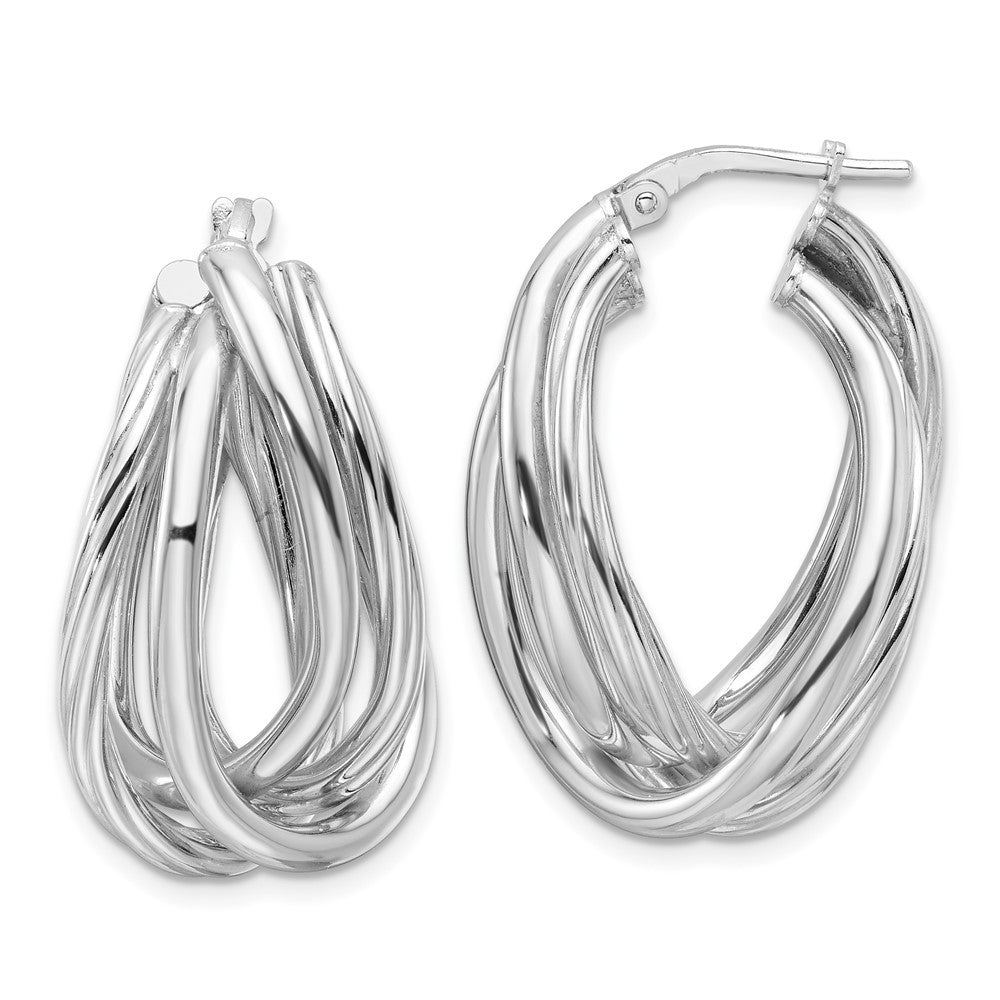Sterling Silver RH-plated Polished and Twisted Fancy Oval Hoop Earrings