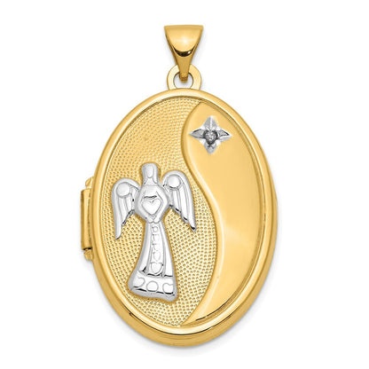 14k Yellow Gold  White Rhodium Diamond Guardian Angel Oval Family Locket Pendant