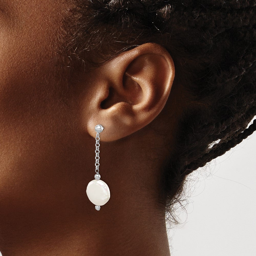 Sterling Silver 12-13mm Coin Freshwater Cultured Pearl Dangle Earrings