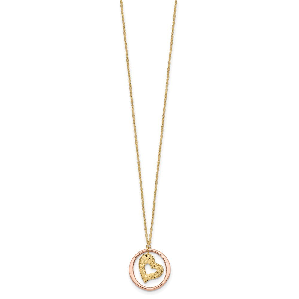 14K Two Tone Fancy Link Diamond-Cut Heart in Open Circle Necklace