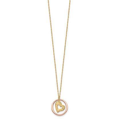 14K Two Tone Fancy Link Diamond-Cut Heart in Open Circle Necklace