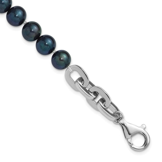 Sterling Silver Rhodium-plated 7-8mm Black Cultured Pearl Link 8" Bracelet