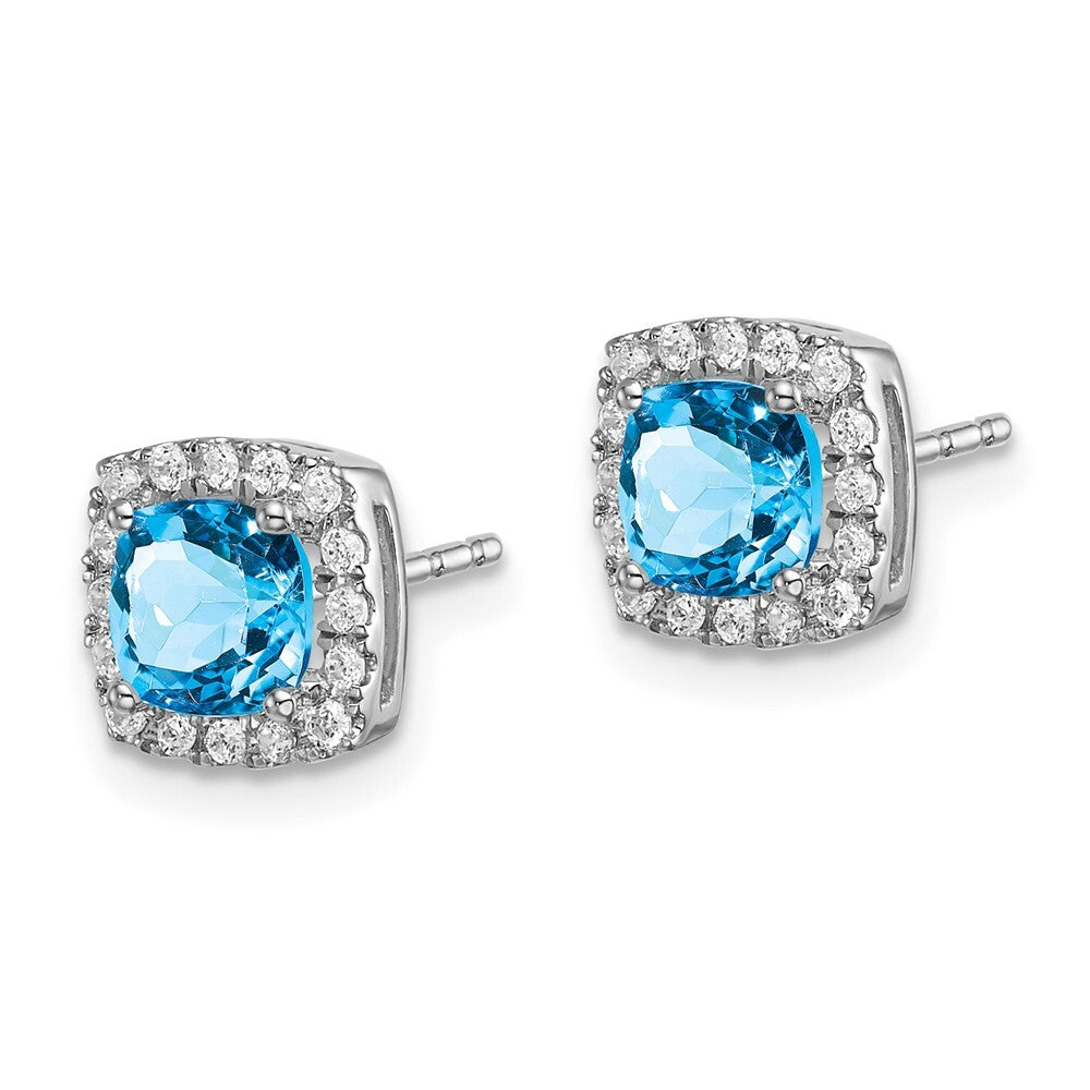 14k White Gold Cushion Blue Topaz and Diamond Halo Stud Earrings