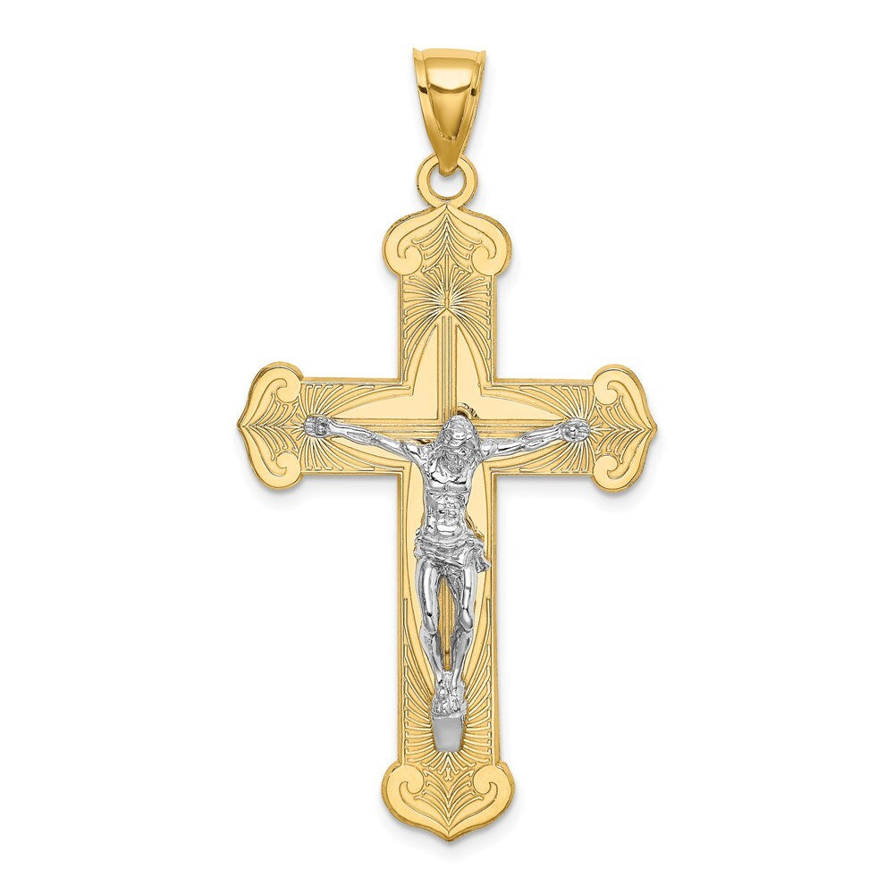 14k Two-tone Gold Engraved Crucifix Charm Pendant for Women