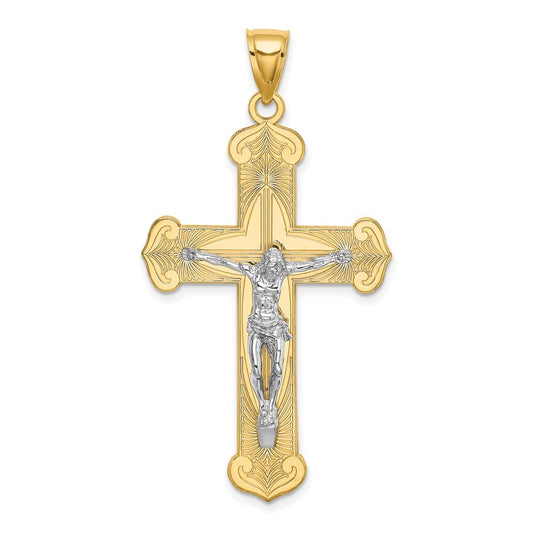 14k Two-tone Gold Engraved Crucifix Charm Pendant for Women