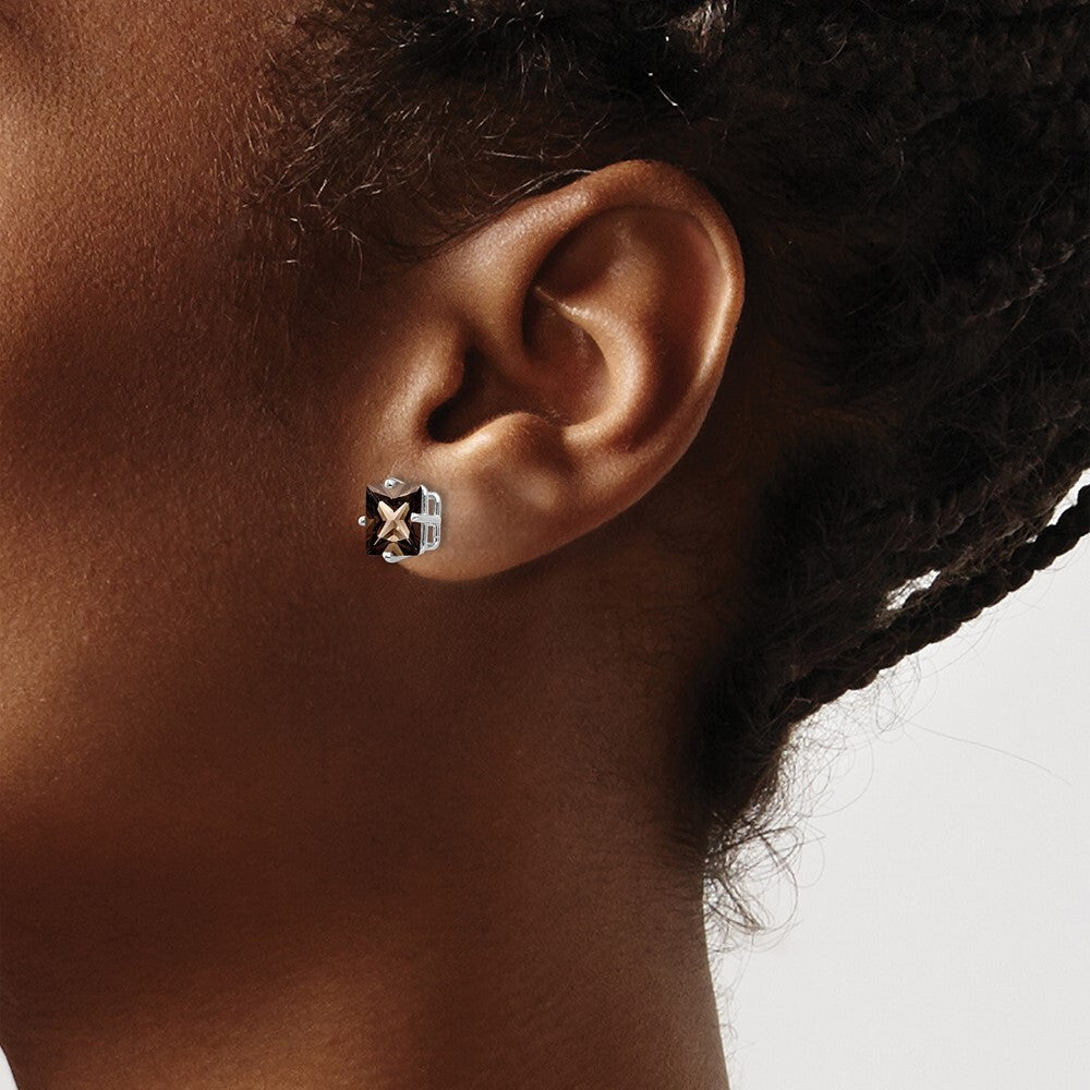 14k White Gold 7mm Square Checker-Cut Smoky Quartz Stud Earrings Gift for Women