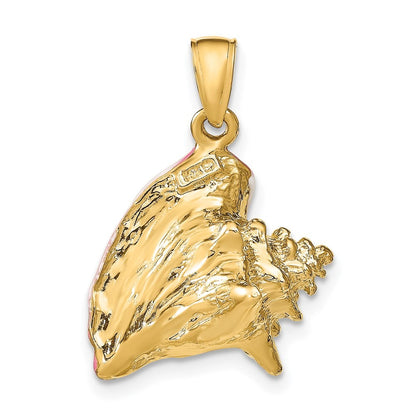 14k Yellow Gold Polished 3-D Pink and White Enameled Conch Shell Pendant