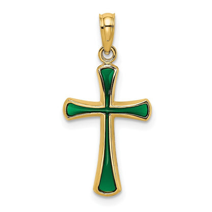 14k Yellow Gold Green Enameled Tapered Cross Charm