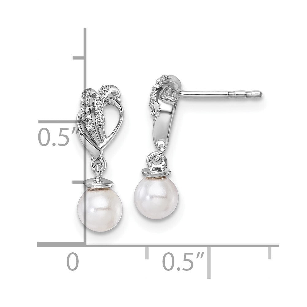 14K White Gold Polished Diamond and Pearl Dangle Earrings