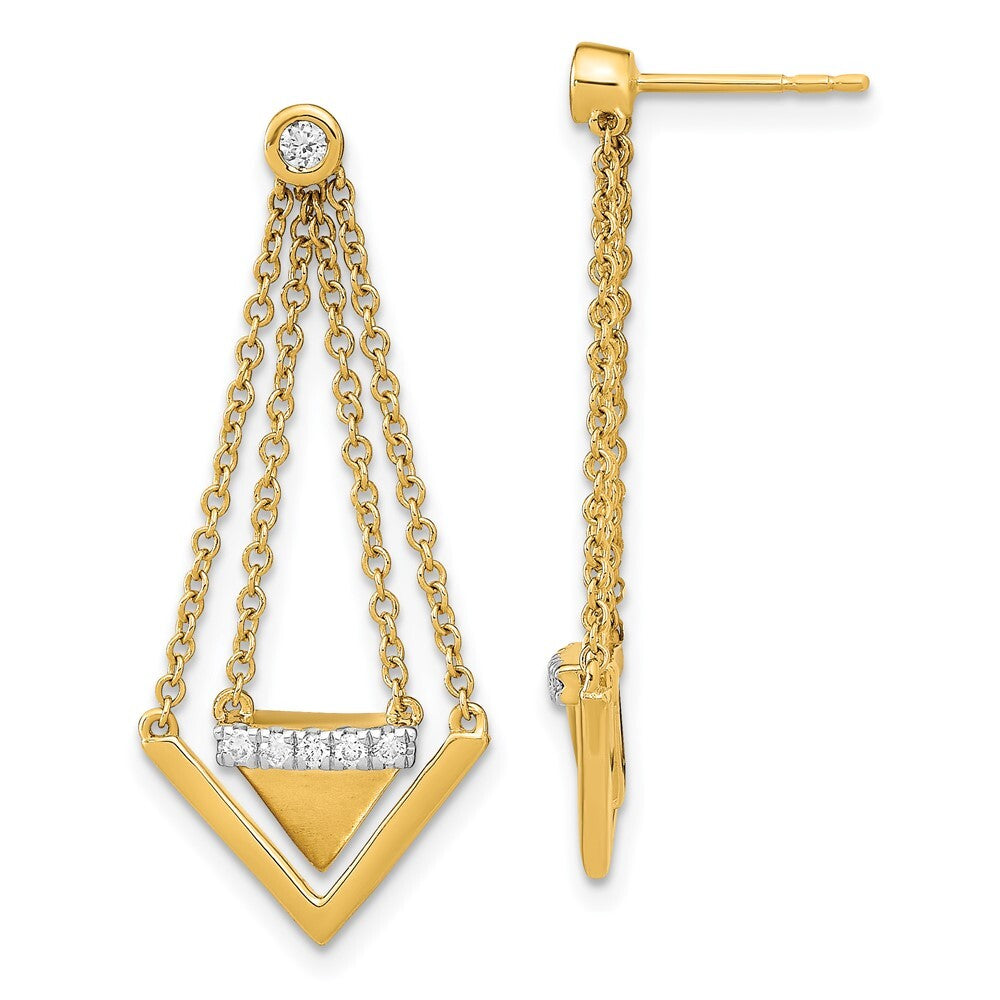 14k Yellow Gold Satin/Polished Diamond Triangle Chain Dangle Earrings