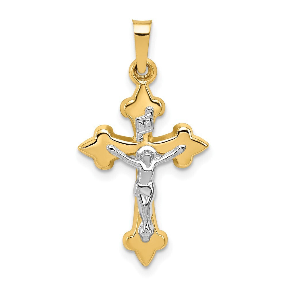 14k Two-tone Gold Polished Fleur de Lis INRI Crucifix Pendant for Women