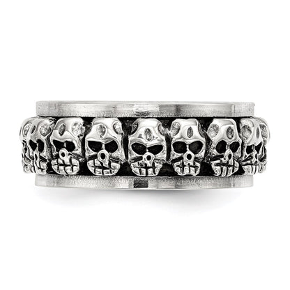 Sterling Silver Polished Spinning Center Antiqued Skull Ring Size 11