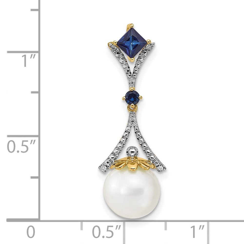 14k Yellow Gold Diamond 8-9mm FWC Pearl/Created Sapphire Chain Slide