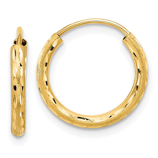 14k Yellow Gold Polished and Satin Diamond-Cut 2.00mm Endless Hoop Earrings