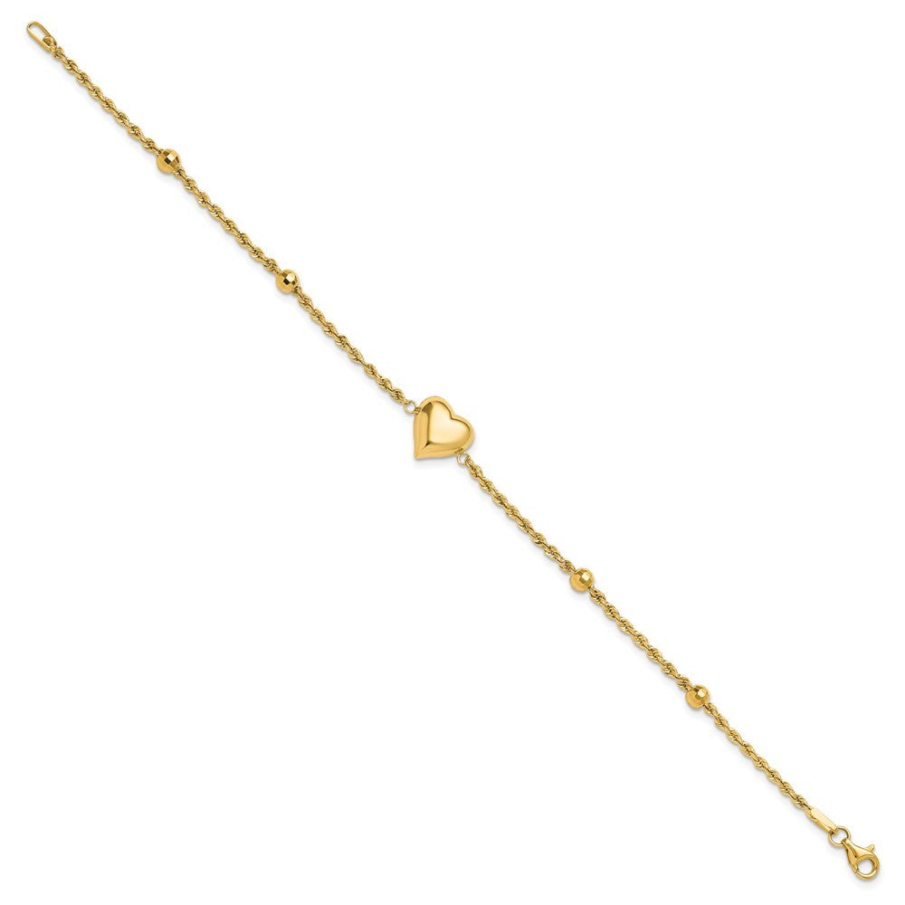 14k Yellow Gold Polished and Diamond-cut Beaded Puffed Heart 7.75 inch Bracelet
