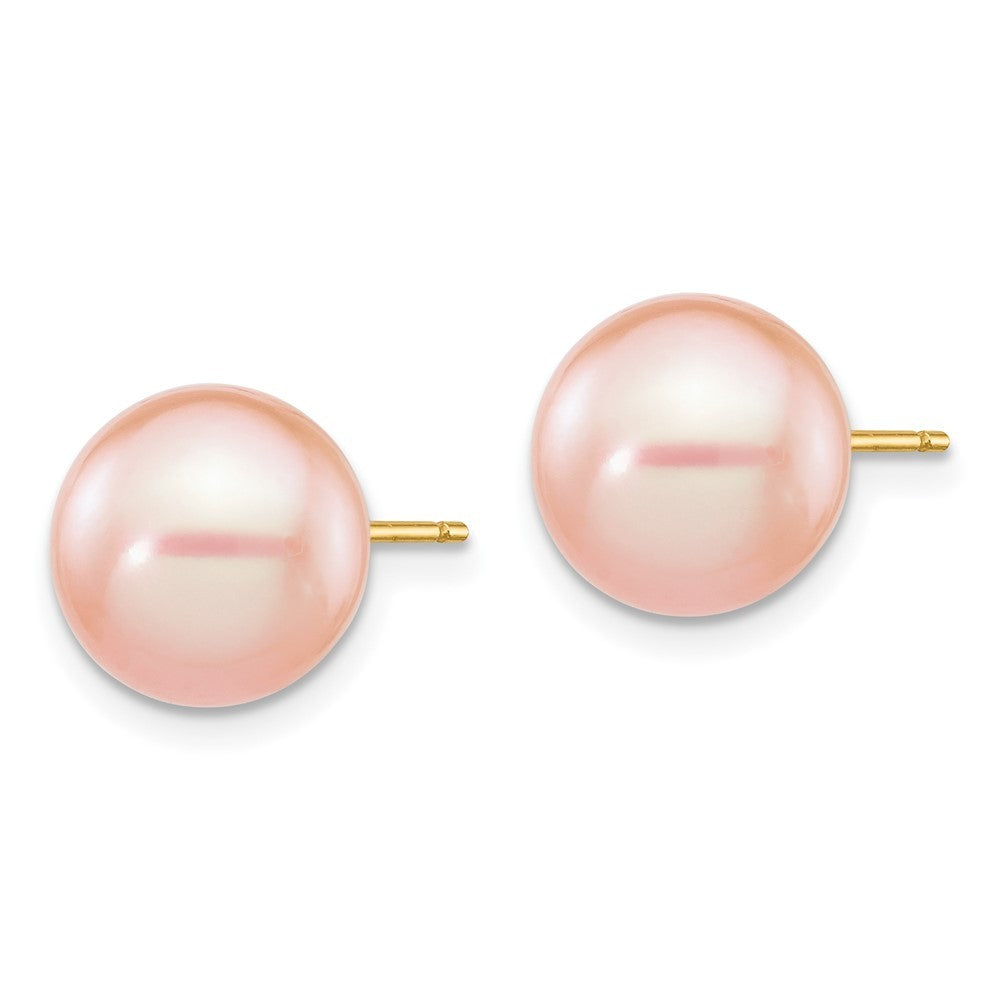 14k Yellow Gold 9-10mm Pink Round Freshwater Cultured Pearl Stud Earrings
